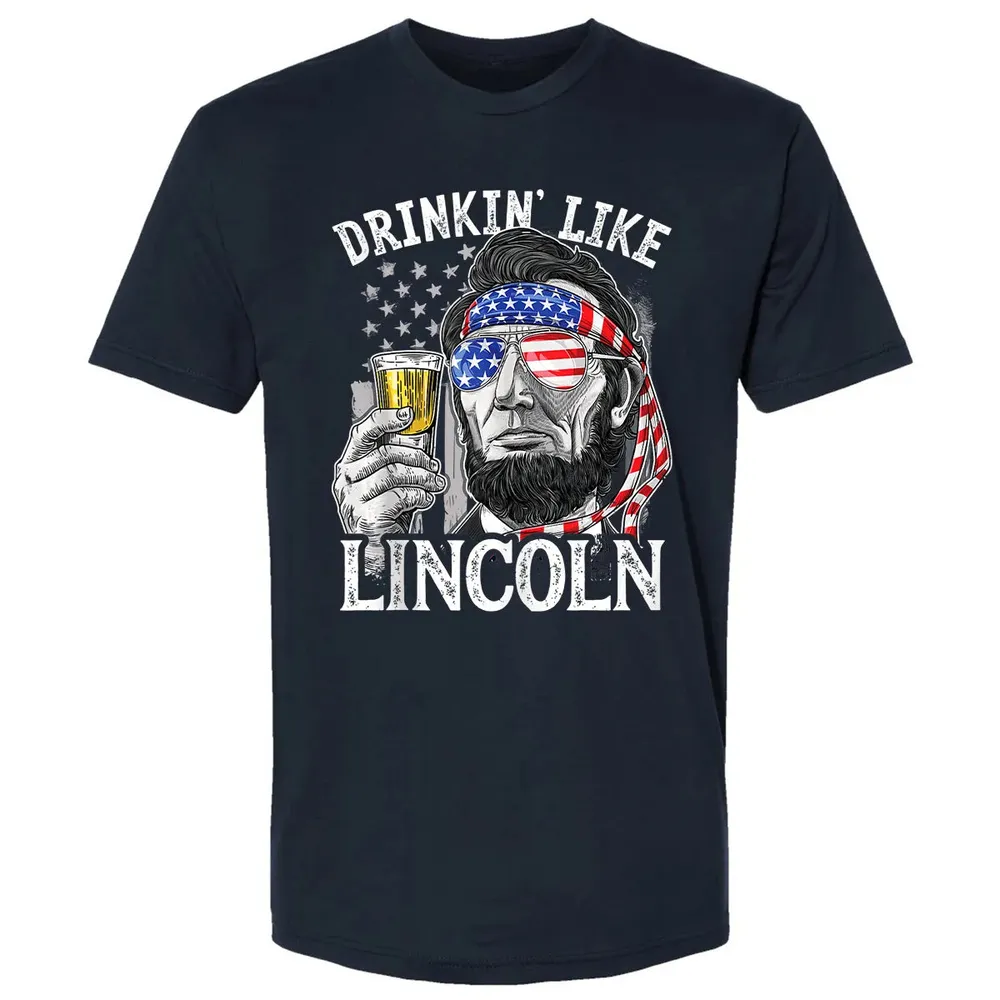 Drinking Like Lincoln 4th of July Men Abraham Merica Flag Premium Unisex T-shirt - 2