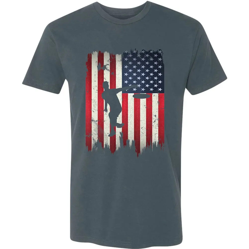 Ultimate Frisbee Disc Golf USA American Flag 4th of July Premium Unisex T-shirt - 14