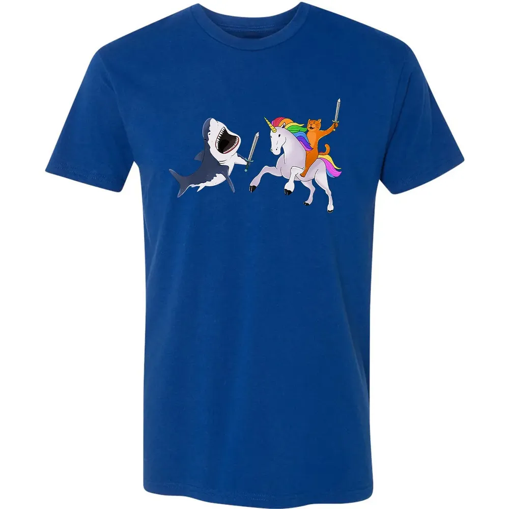 Funny Cat Riding Magical Unicorn Sword Fighting Shark Premium Unisex T-shirt - 10