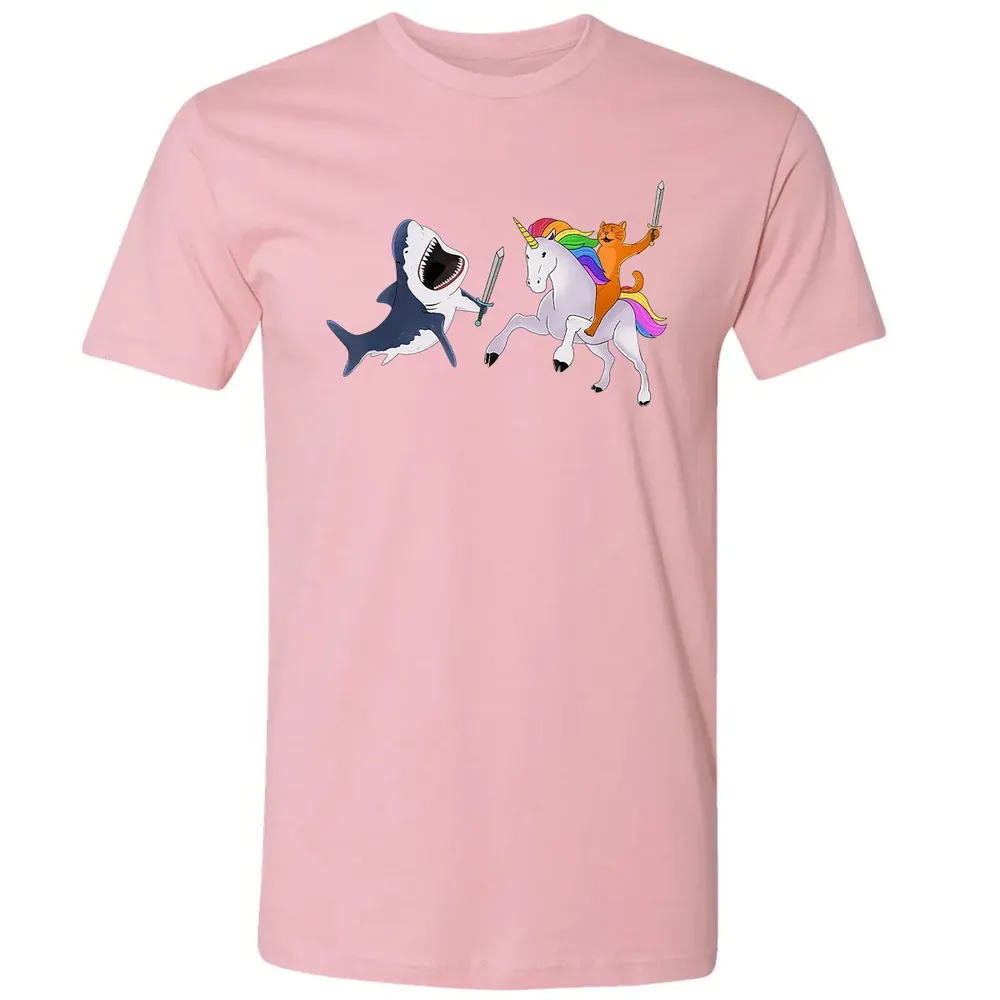 Funny Cat Riding Magical Unicorn Sword Fighting Shark Premium Unisex T-shirt - 3