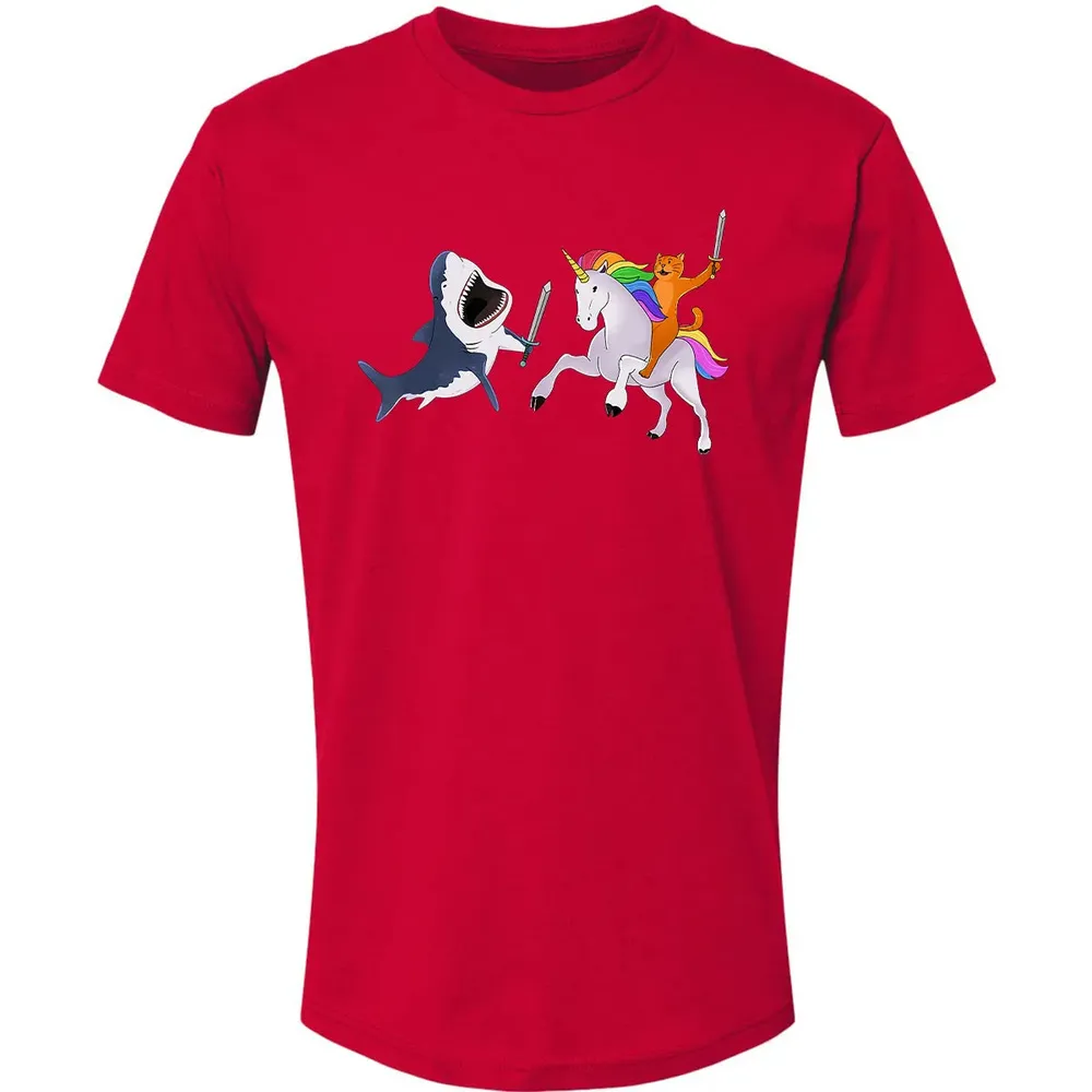 Funny Cat Riding Magical Unicorn Sword Fighting Shark Premium Unisex T-shirt - 6