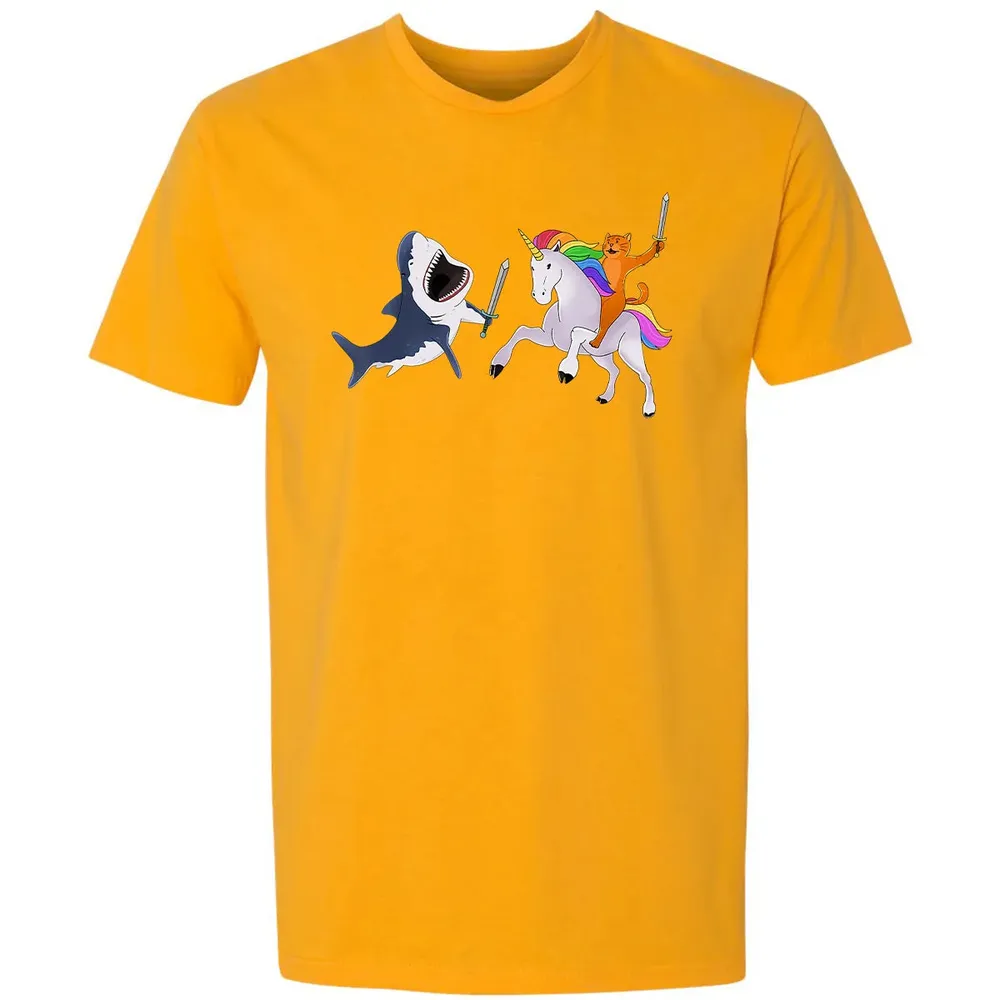Funny Cat Riding Magical Unicorn Sword Fighting Shark Premium Unisex T-shirt - 11