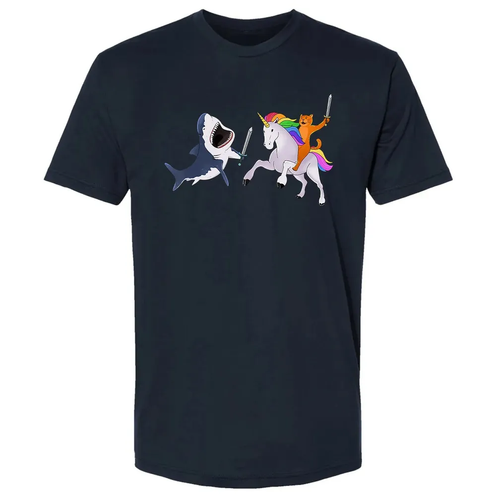 Funny Cat Riding Magical Unicorn Sword Fighting Shark Premium Unisex T-shirt - 2
