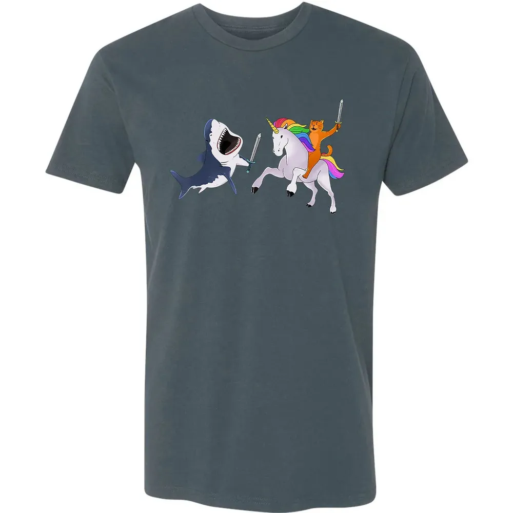 Funny Cat Riding Magical Unicorn Sword Fighting Shark Premium Unisex T-shirt - 14