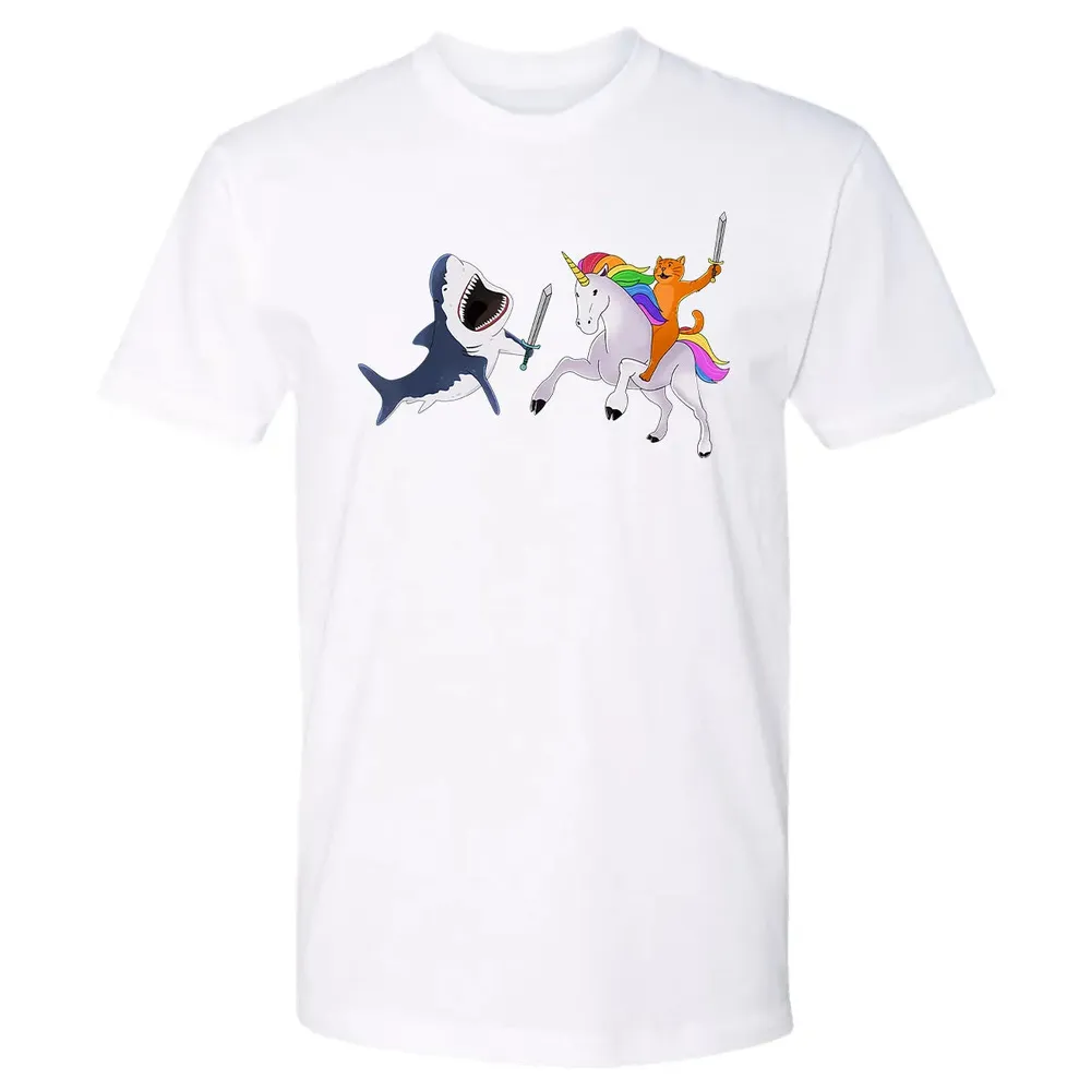 Funny Cat Riding Magical Unicorn Sword Fighting Shark Premium Unisex T-shirt - 4