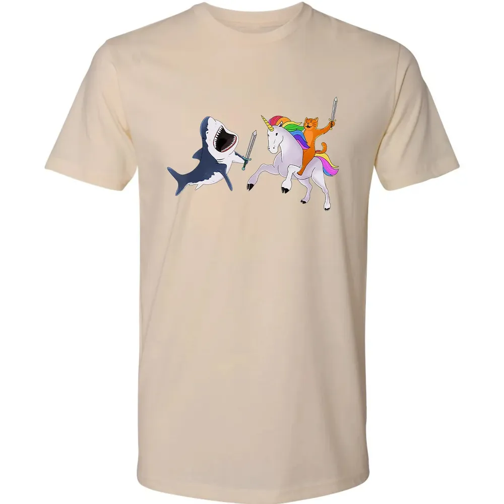 Funny Cat Riding Magical Unicorn Sword Fighting Shark Premium Unisex T-shirt - 13