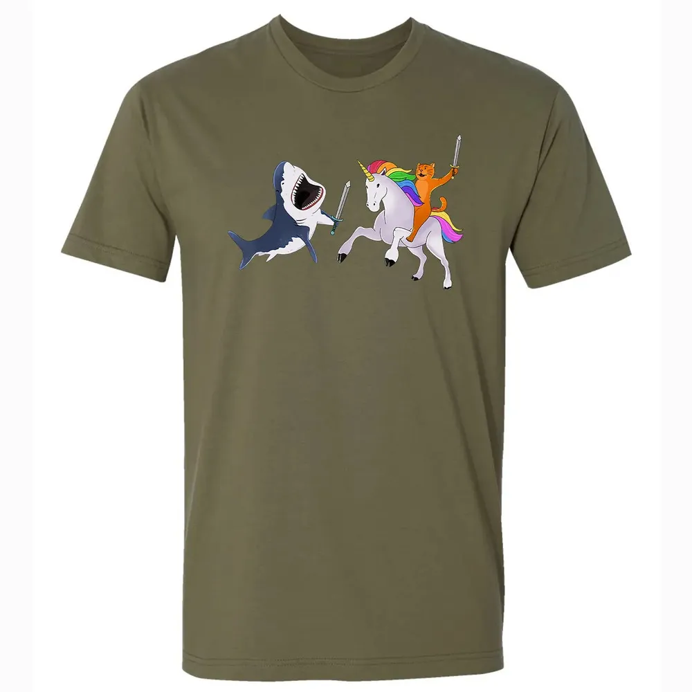 Funny Cat Riding Magical Unicorn Sword Fighting Shark Premium Unisex T-shirt - 5