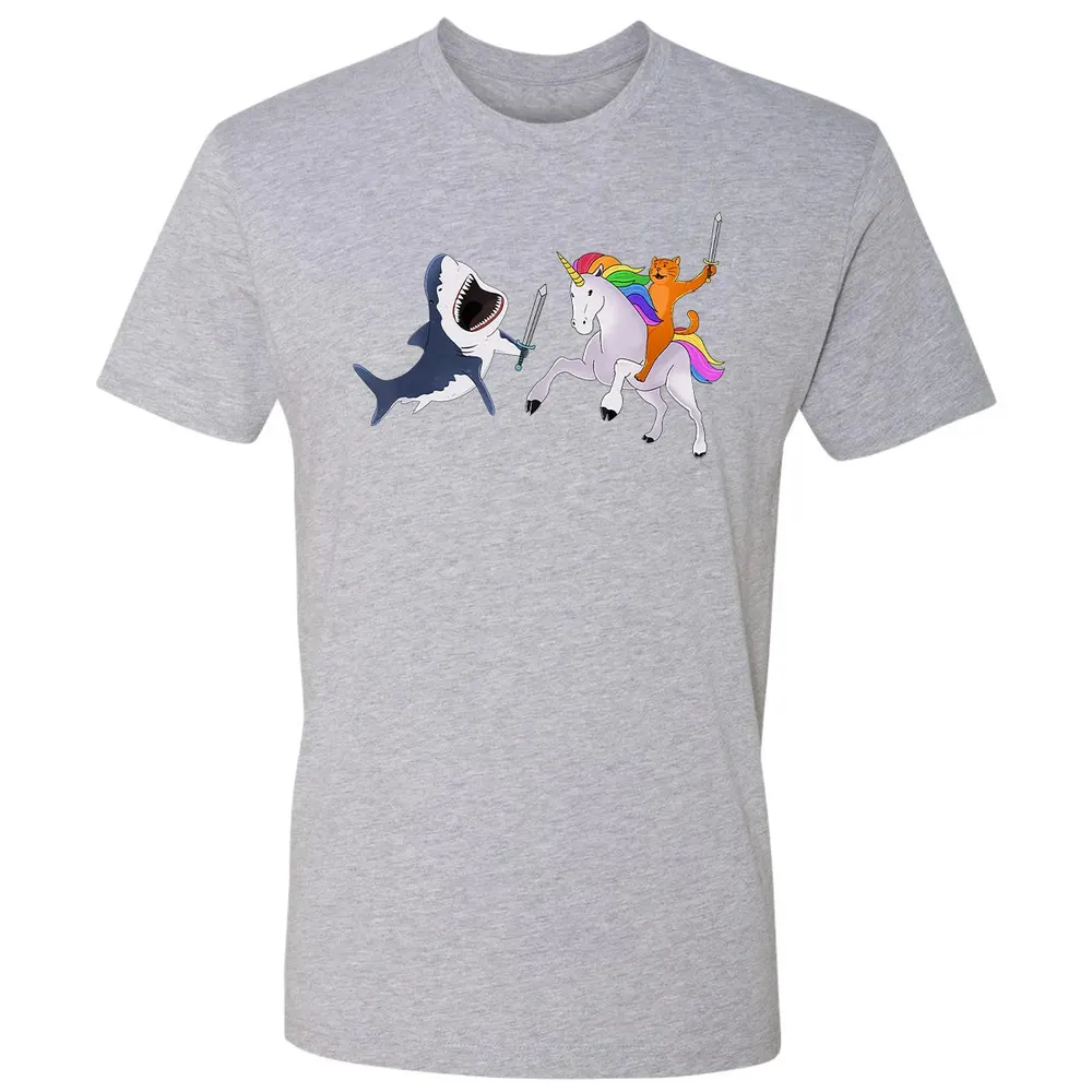 Funny Cat Riding Magical Unicorn Sword Fighting Shark Premium Unisex T-shirt - 9