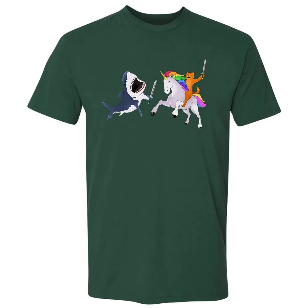 Funny Cat Riding Magical Unicorn Sword Fighting Shark Premium Unisex T-shirt - 12