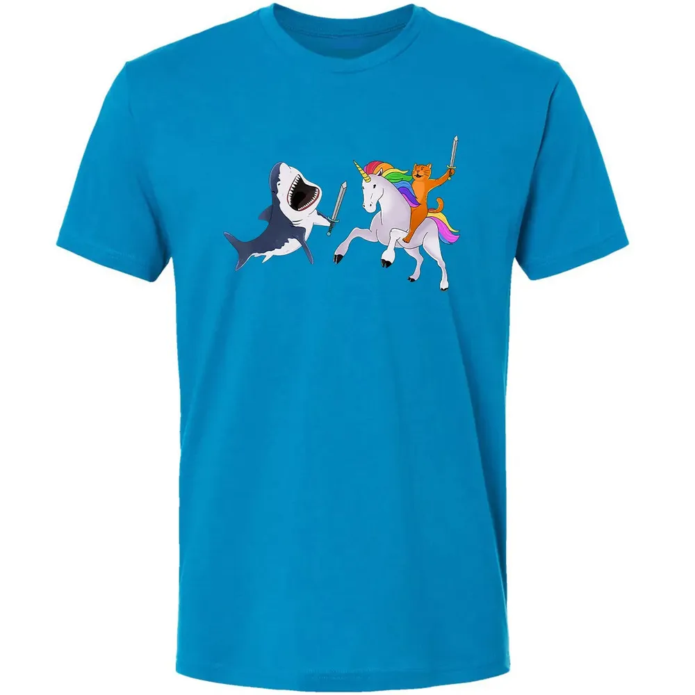 Funny Cat Riding Magical Unicorn Sword Fighting Shark Premium Unisex T-shirt - 15