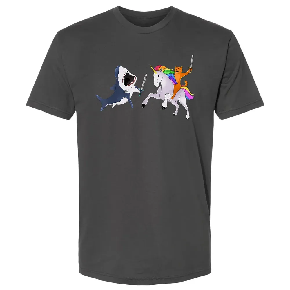 Funny Cat Riding Magical Unicorn Sword Fighting Shark Premium Unisex T-shirt - 8
