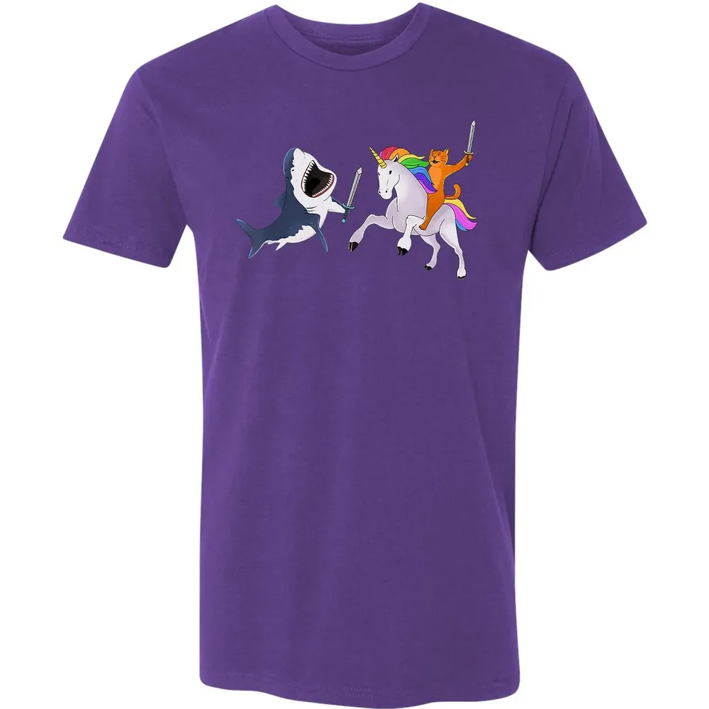 Funny Cat Riding Magical Unicorn Sword Fighting Shark Premium Unisex T-shirt - 7