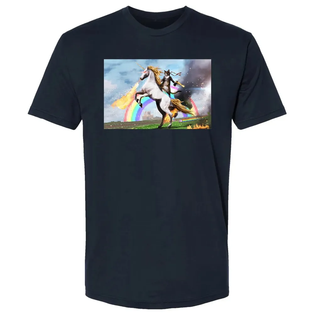 Cat Riding Fire Breathing Unicorn Meme Premium Unisex T-shirt - 2