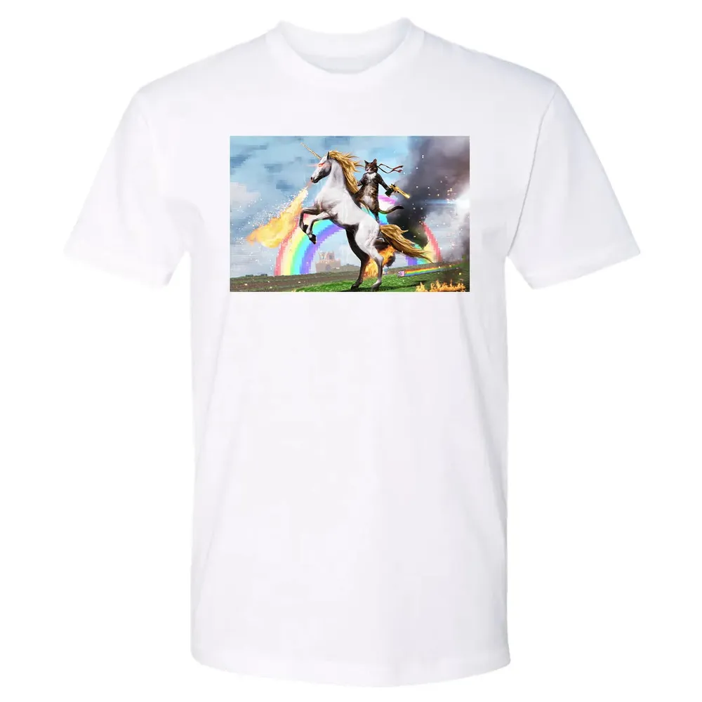 Cat Riding Fire Breathing Unicorn Meme Premium Unisex T-shirt - 4