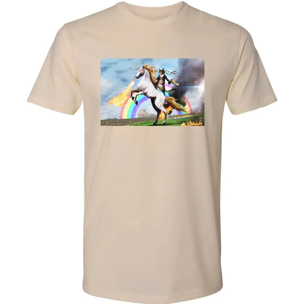 Cat Riding Fire Breathing Unicorn Meme Premium Unisex T-shirt - 13
