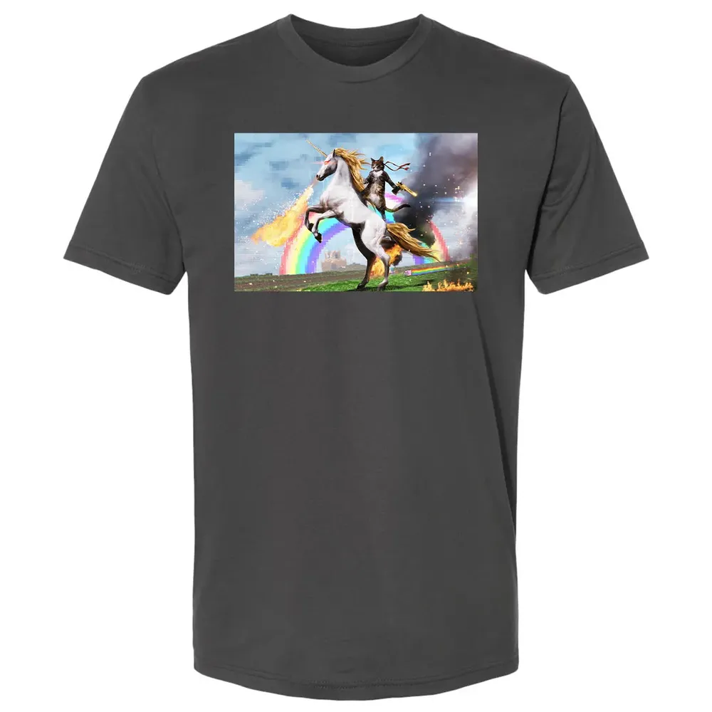 Cat Riding Fire Breathing Unicorn Meme Premium Unisex T-shirt - 8