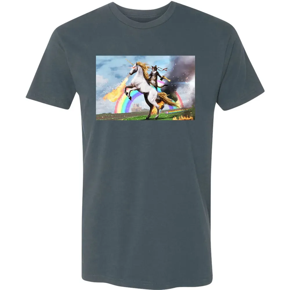 Cat Riding Fire Breathing Unicorn Meme Premium Unisex T-shirt - 14