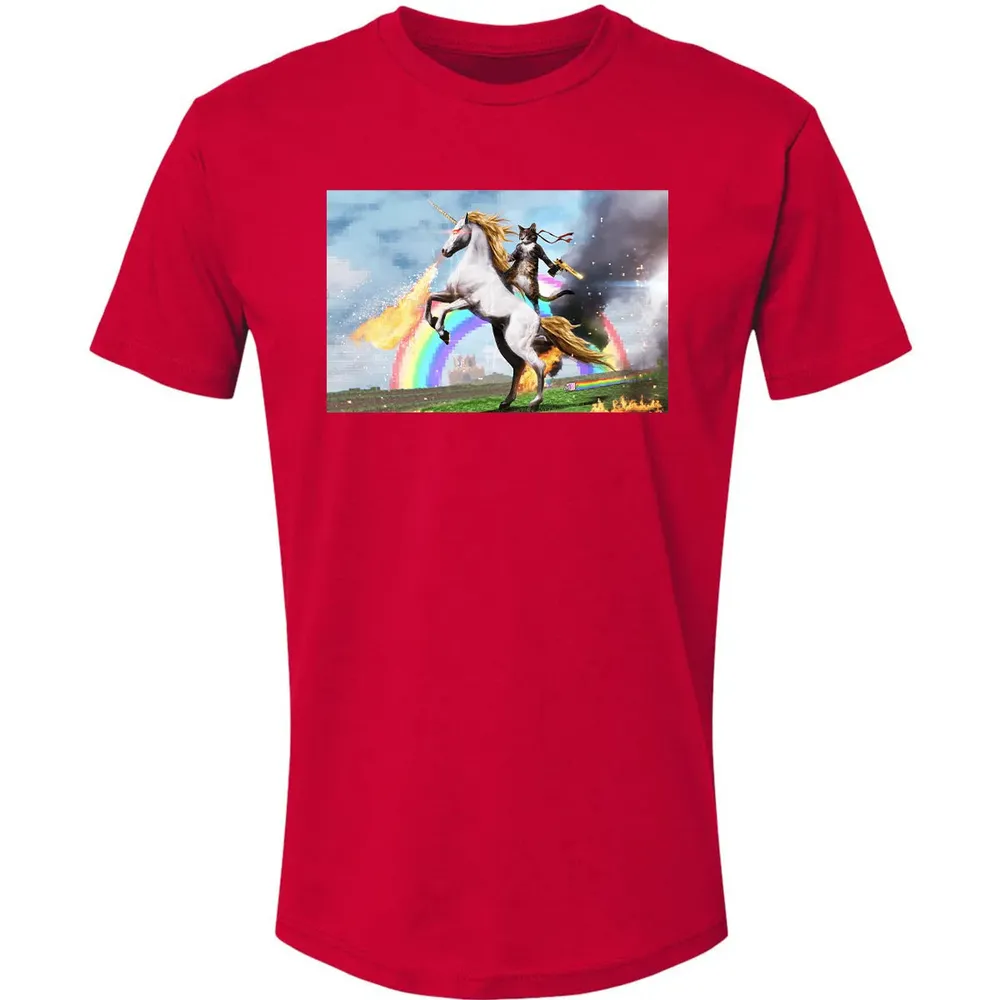Cat Riding Fire Breathing Unicorn Meme Premium Unisex T-shirt - 6