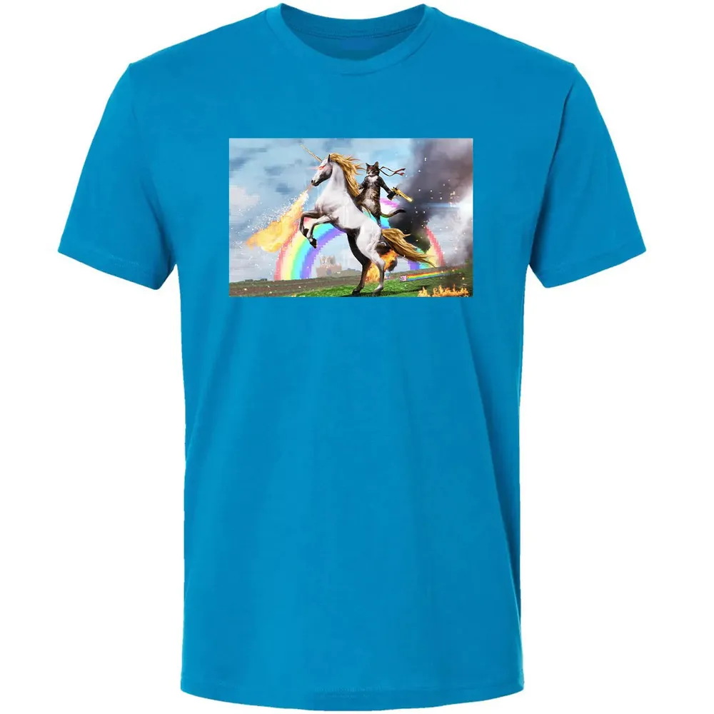 Cat Riding Fire Breathing Unicorn Meme Premium Unisex T-shirt - 15