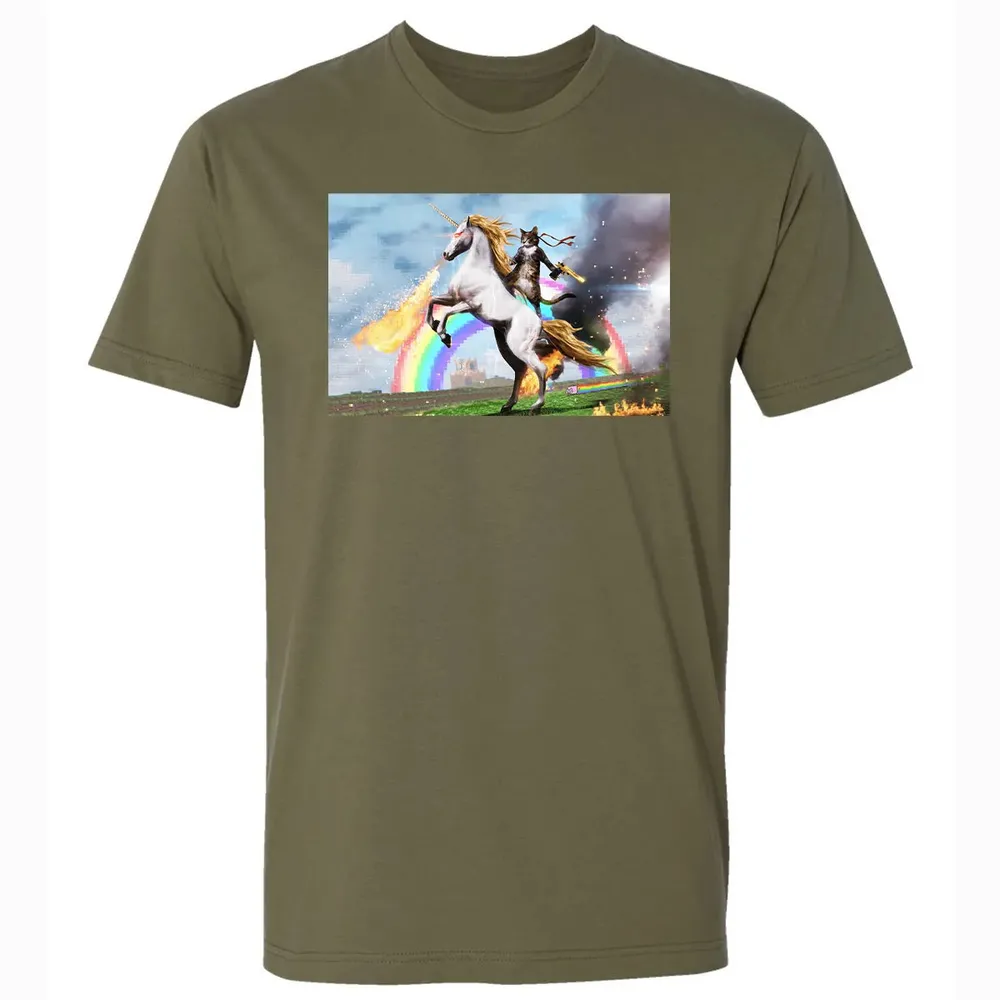 Cat Riding Fire Breathing Unicorn Meme Premium Unisex T-shirt - 5
