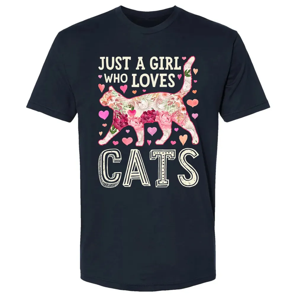 Just A Girl Who Loves Cats Funny Women Cat Flower Floral Premium Unisex T-shirt - 2