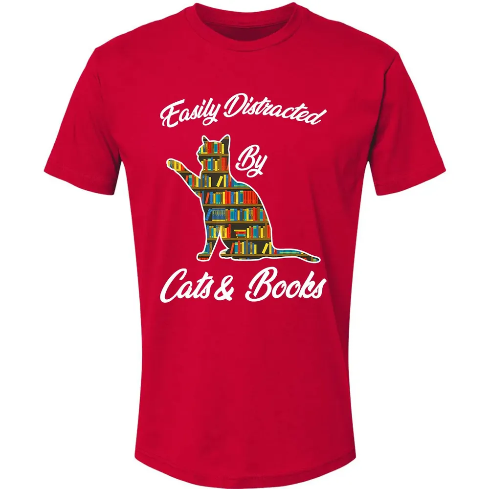 Easily Distracted by Cat & Books Animal Lover Meowing Kitty Premium Unisex T-shirt - 6