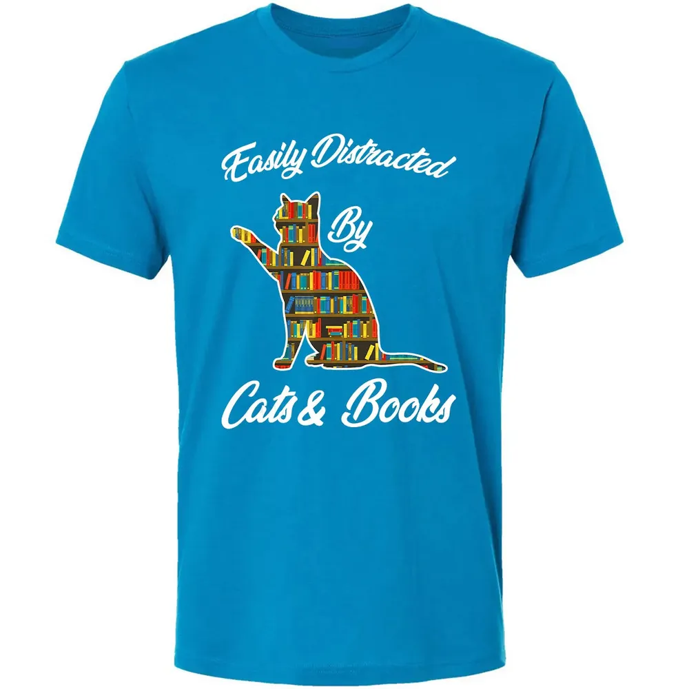 Easily Distracted by Cat & Books Animal Lover Meowing Kitty Premium Unisex T-shirt - 15