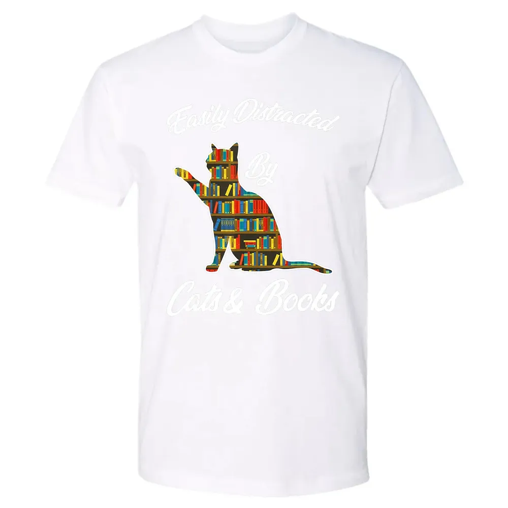 Easily Distracted by Cat & Books Animal Lover Meowing Kitty Premium Unisex T-shirt - 4