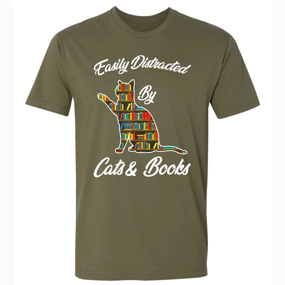 Easily Distracted by Cat & Books Animal Lover Meowing Kitty Premium Unisex T-shirt - 5
