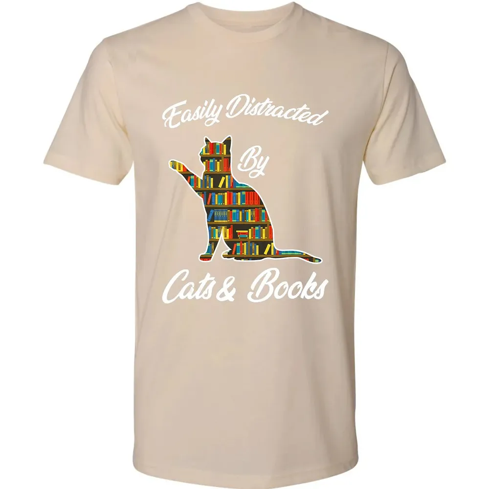 Easily Distracted by Cat & Books Animal Lover Meowing Kitty Premium Unisex T-shirt - 13