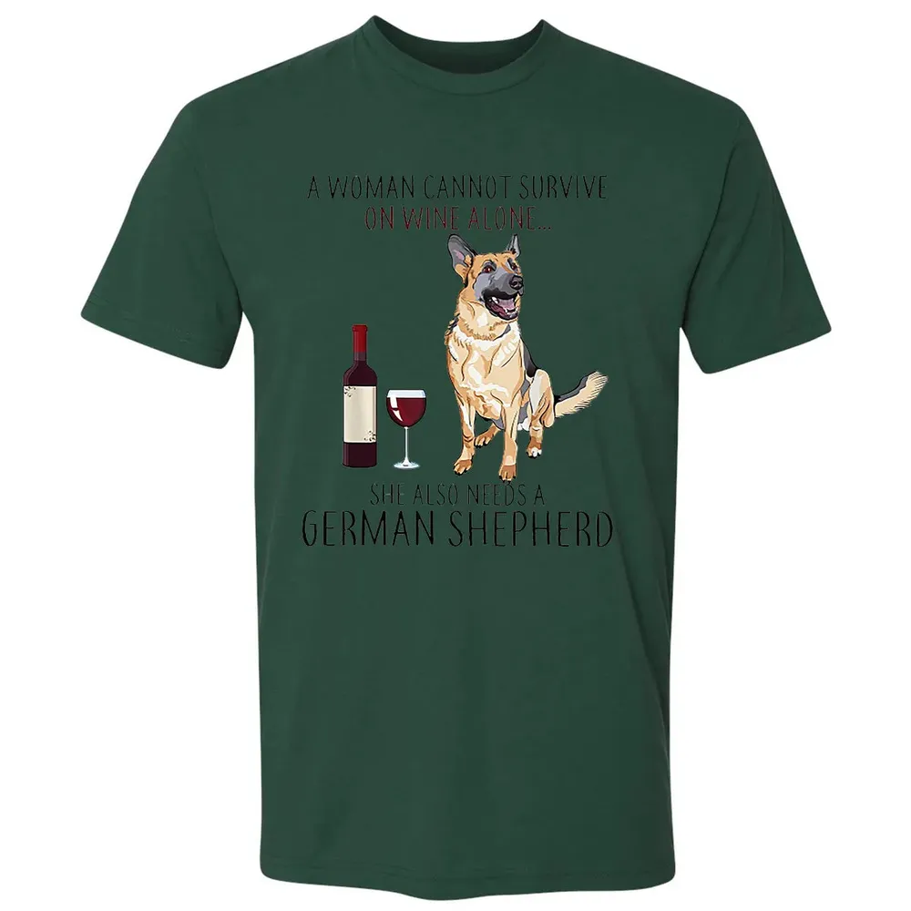 A Woman Cannot Survive On Wine Alone German Shepherd Premium Unisex T-shirt - 12