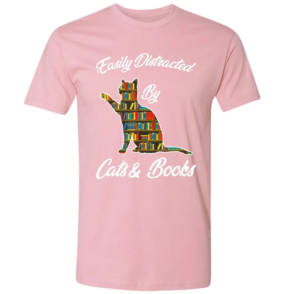 Easily Distracted by Cat & Books Animal Lover Meowing Kitty Premium Unisex T-shirt - 3