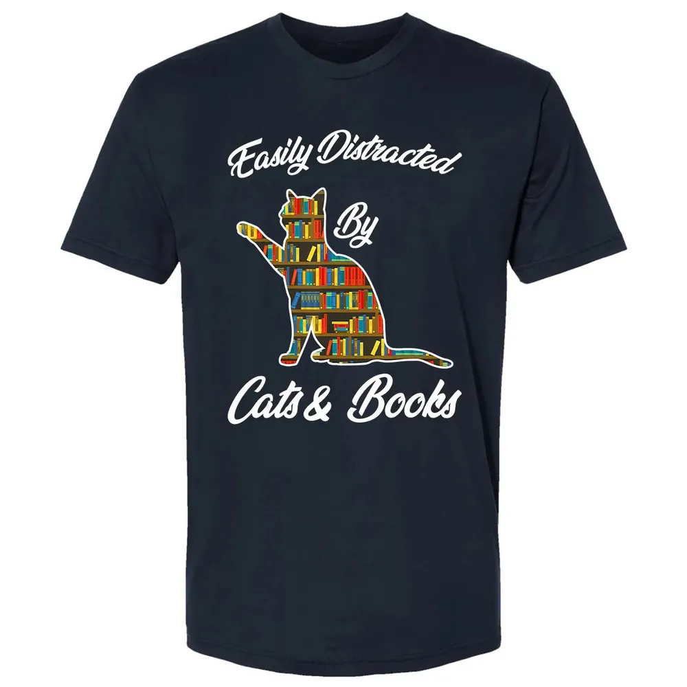 Easily Distracted by Cat & Books Animal Lover Meowing Kitty Premium Unisex T-shirt - 2