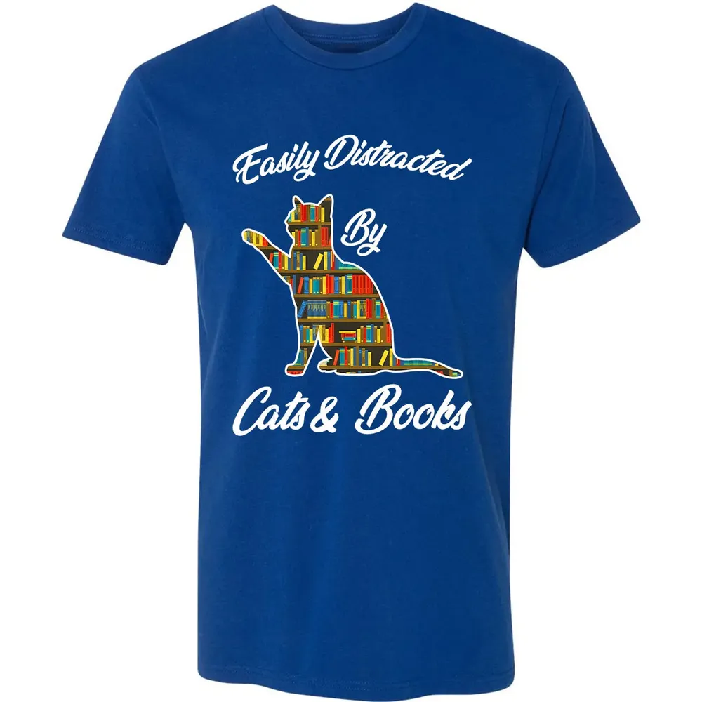 Easily Distracted by Cat & Books Animal Lover Meowing Kitty Premium Unisex T-shirt - 10
