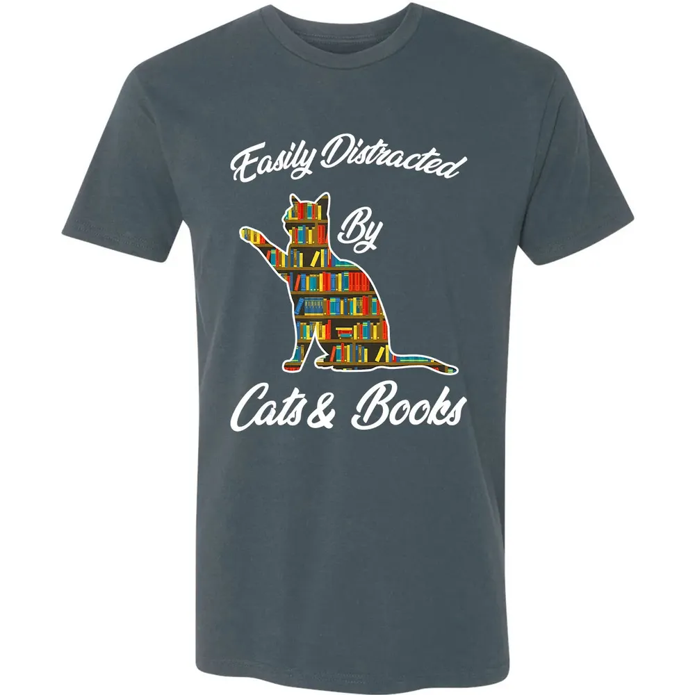 Easily Distracted by Cat & Books Animal Lover Meowing Kitty Premium Unisex T-shirt - 14