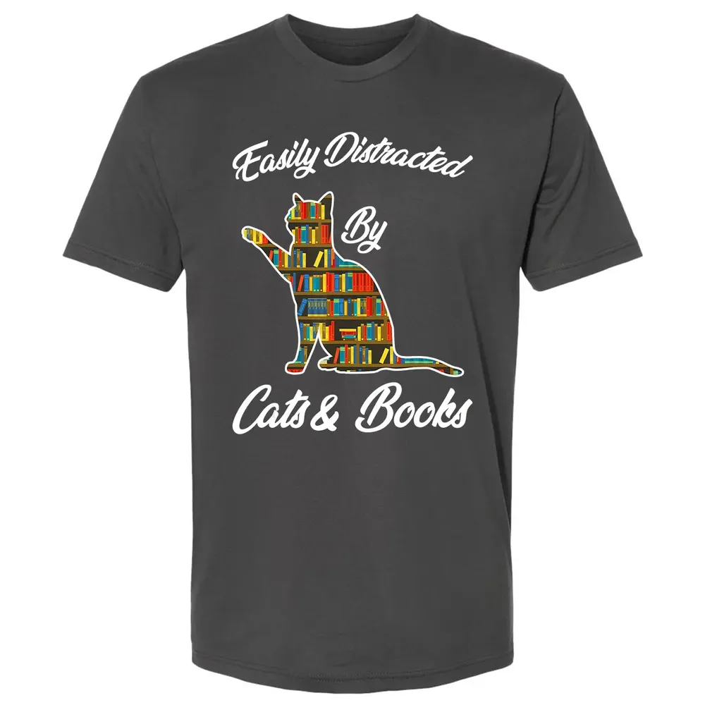 Easily Distracted by Cat & Books Animal Lover Meowing Kitty Premium Unisex T-shirt - 8