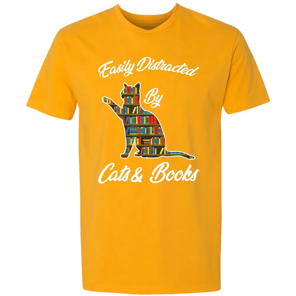 Easily Distracted by Cat & Books Animal Lover Meowing Kitty Premium Unisex T-shirt - 11