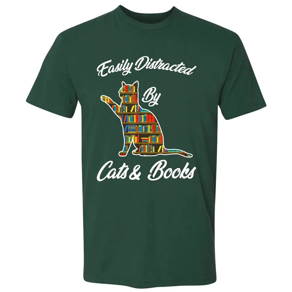 Easily Distracted by Cat & Books Animal Lover Meowing Kitty Premium Unisex T-shirt - 12