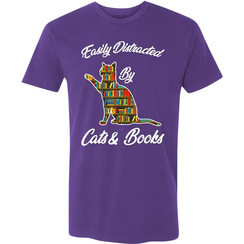 Easily Distracted by Cat & Books Animal Lover Meowing Kitty Premium Unisex T-shirt - 7