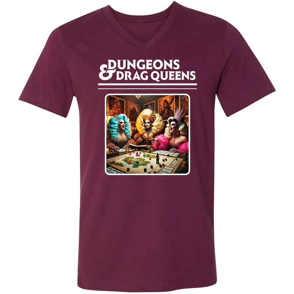 Dungeons & Drag Queens Unisex V-Neck T-Shirt - Maroon - 6