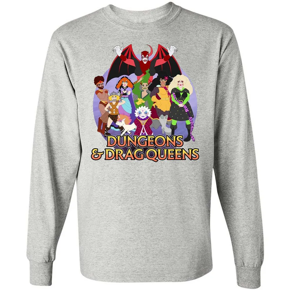Dungeons n Drag Queens Cartoon Long Sleeve T-Shirt - Ash - 7