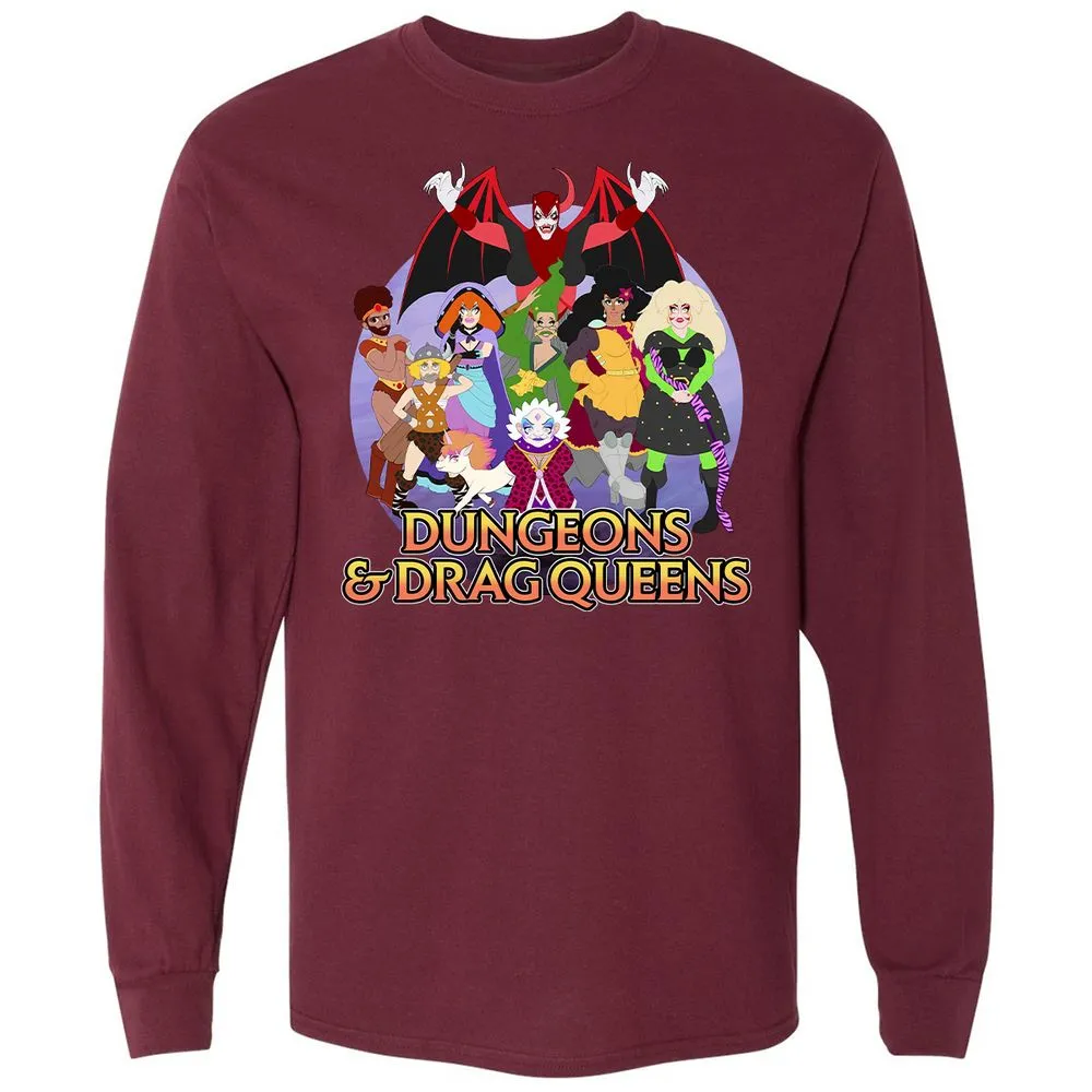 Dungeons n Drag Queens Cartoon Long Sleeve T-Shirt - Maroon - 11