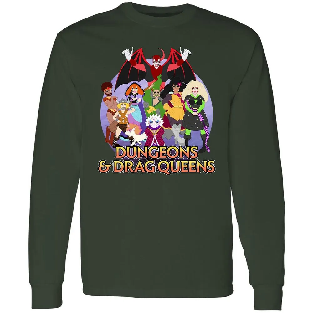 Dungeons n Drag Queens Cartoon Long Sleeve T-Shirt - Forest Green - 4