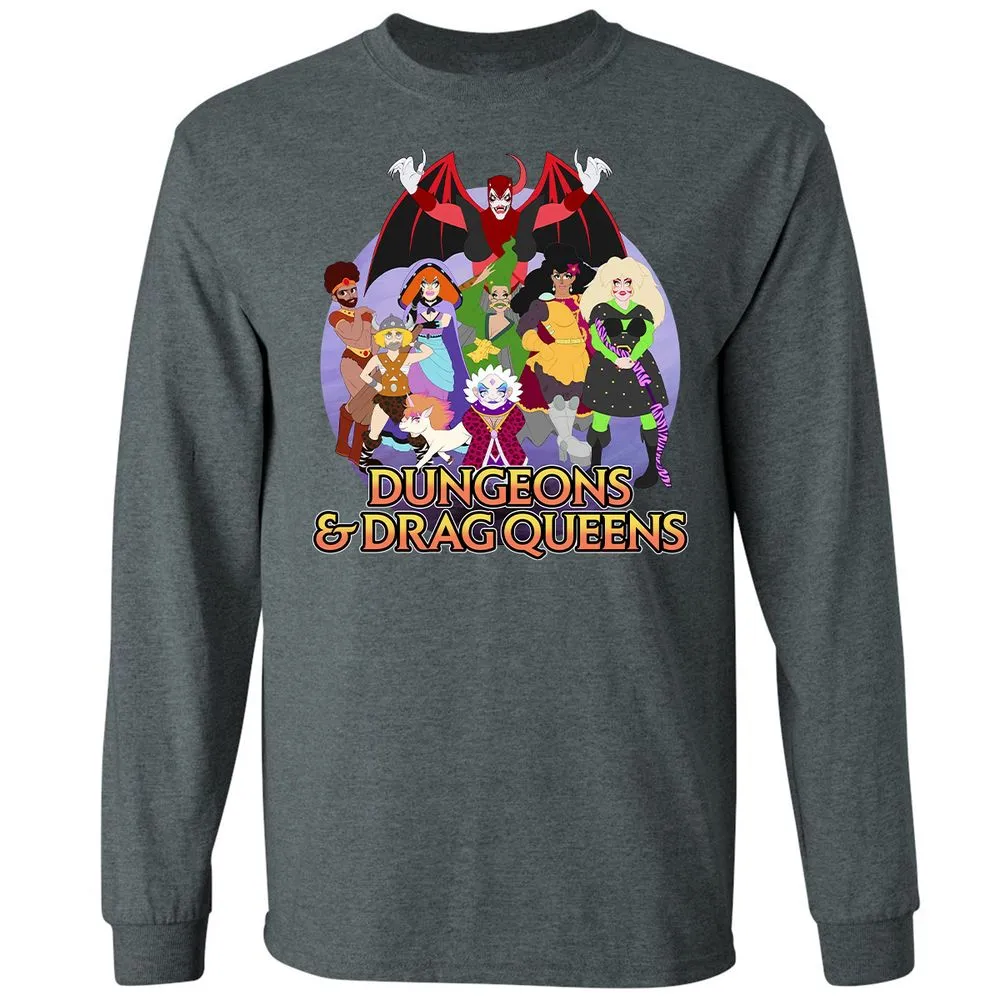 Dungeons n Drag Queens Cartoon Long Sleeve T-Shirt - Dark Heather - 15