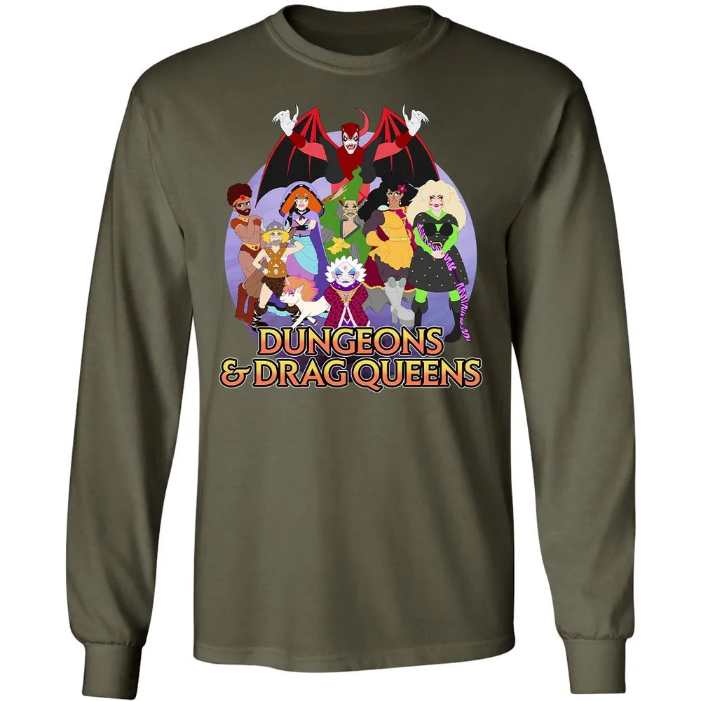 Dungeons n Drag Queens Cartoon Long Sleeve T-Shirt - Military Green - 16