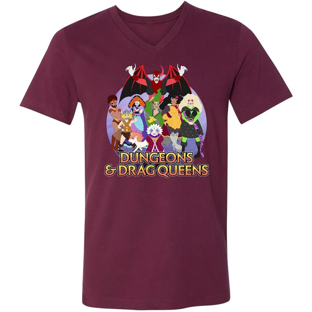 Dungeons n Drag Queens Cartoon Unisex V-Neck T-Shirt - Maroon - 6