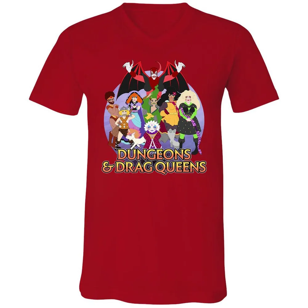 Dungeons n Drag Queens Cartoon Unisex V-Neck T-Shirt - Red - 3