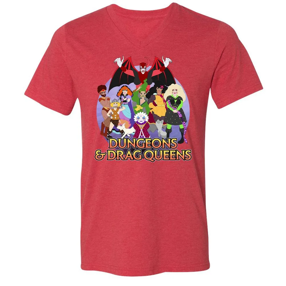 Dungeons n Drag Queens Cartoon Unisex V-Neck T-Shirt - Heather Red - 16
