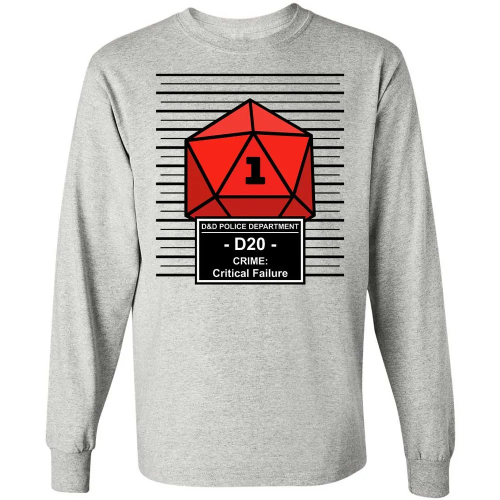 D20 Arrested For Critical Failure Long Sleeve T-Shirt - Ash - 5
