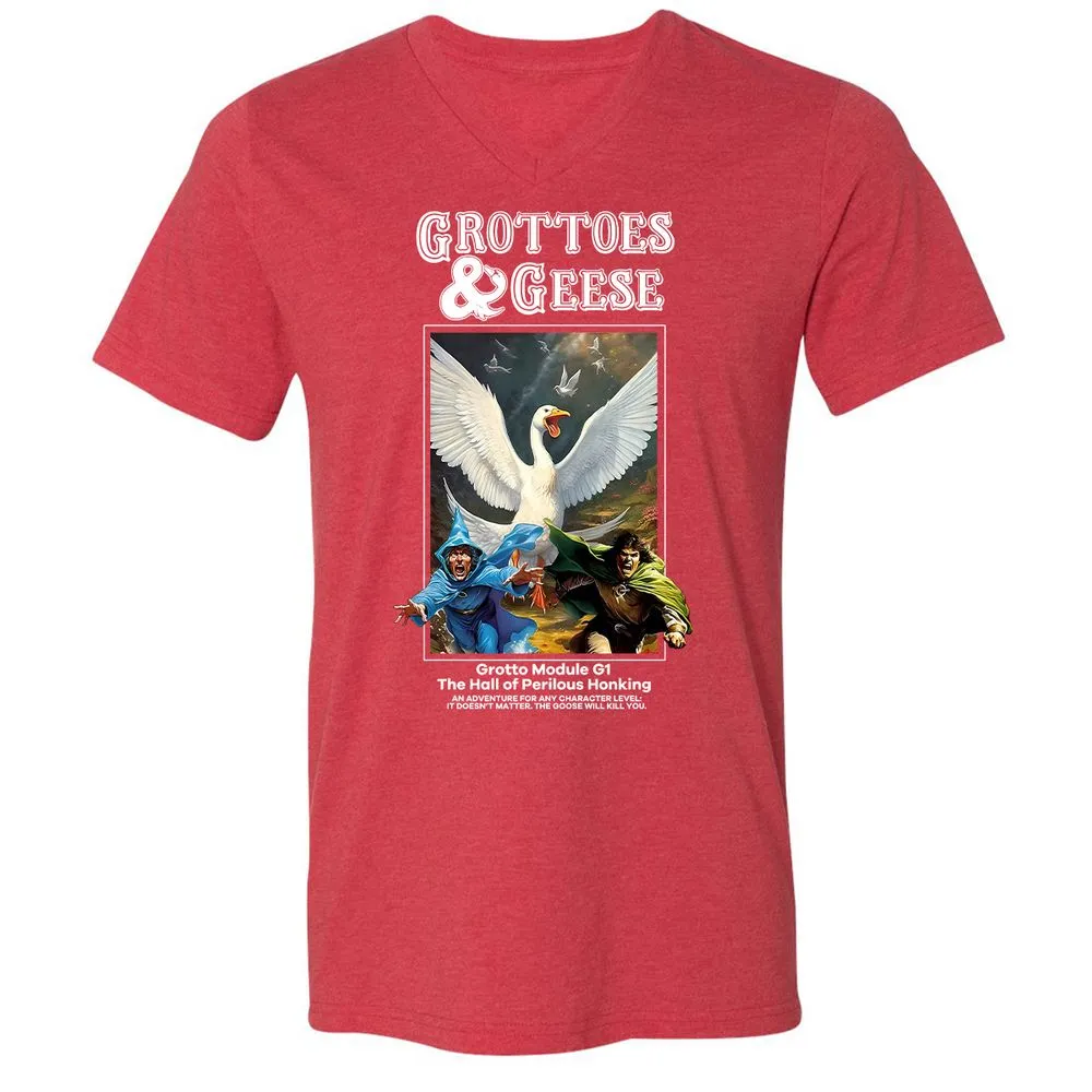 Grottoes & Geese Unisex V-Neck T-Shirt - Heather Red - 16